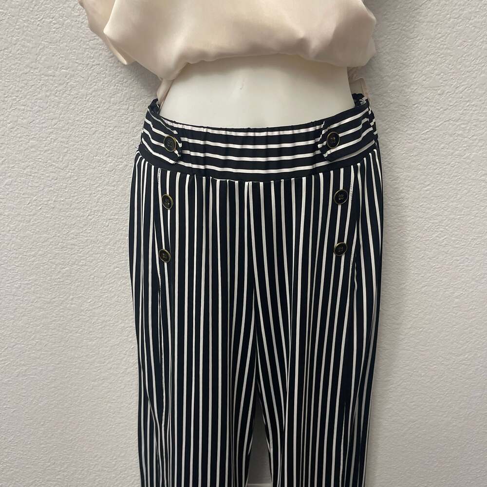 Sabrina Lauren Stripe Pull On Wide Leg Pants with Button Detail - Picture 4 of 4